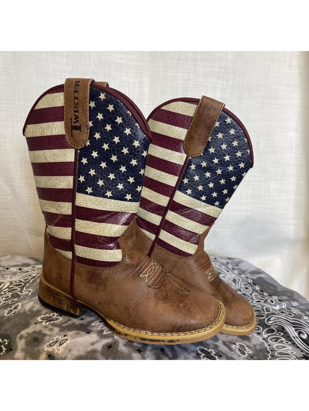 Twister Kids Brown And Usa Square Toe Cowboy Western Boot Size 11